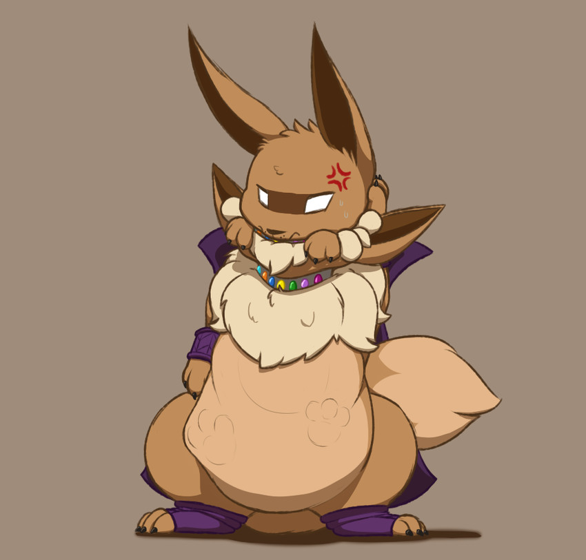 abdominal_bulge belly big_belly brown_body brown_fur cross-popping_vein duo feral fur head_in_mouth head_tuft male neck_tuft simple_background tuft vein vore white_eyes nom-sympony nintendo pokemon malgam_(fidchellvore) eevee generation_1_pokemon pokemon_(species)