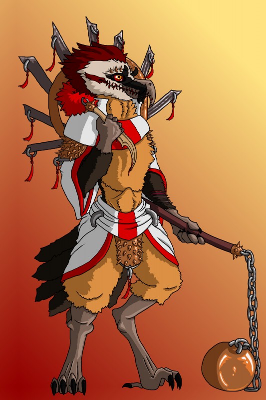 anthro biped blood bodily_fluids bottomwear chain chain_weapon clothed clothing feathers feet flail gradient_background holding_melee_weapon holding_object holding_weapon knife loincloth looking_at_viewer male melee_weapon morning_star_(weapon) piercing robe simple_background skimpy smile solo standing talons toes weapon kadisurmik dungeons_and_dragons hasbro pathfinder wizards_of_the_coast accipitrid accipitriform avian bearded_vulture bird old_world_vulture vulture 2:3 absurd_res full-length_portrait hi_res portrait