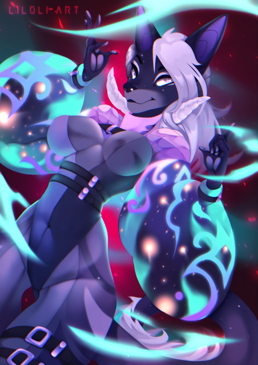 anthro breasts clothing cosmos effects energy female hair horn legwear long_hair long_tail neon quilted ribbons simple_background sleeves solo star swimwear tail tape tights white_eyes white_hair liloli_(artist) canid canine canis domestic_dog mammal wolf hi_res