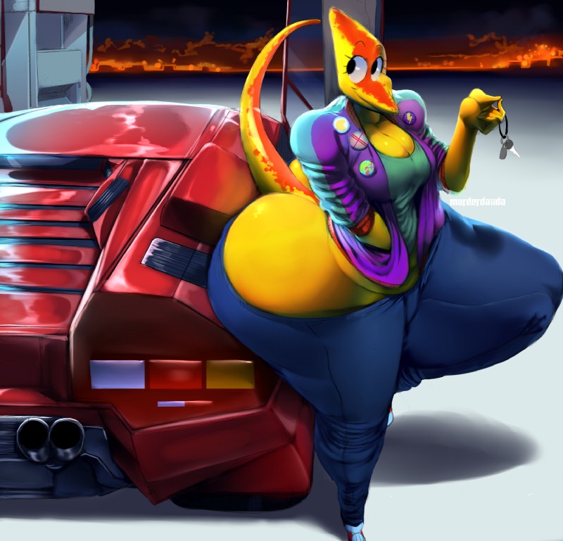 5_fingers anthro belly big_breasts big_butt biped bottomwear breasts butt car cleavage clothed clothing curvy_figure female fingers footwear huge_butt huge_thighs hyper hyper_butt hyper_thighs key midriff motor_vehicle non-mammal_breasts orange_body orange_scales outside overweight overweight_anthro overweight_female pants scales shirt shoes smile solo thick_thighs topwear vehicle voluptuous wide_hips yellow_body yellow_scales daiidalus lamborghini lamborghini_countach pera dinosaur hadrosaurid ornithischian ornithopod parasaurolophus prehistoric_species reptile scalie 2018 digital_media_(artwork) hi_res