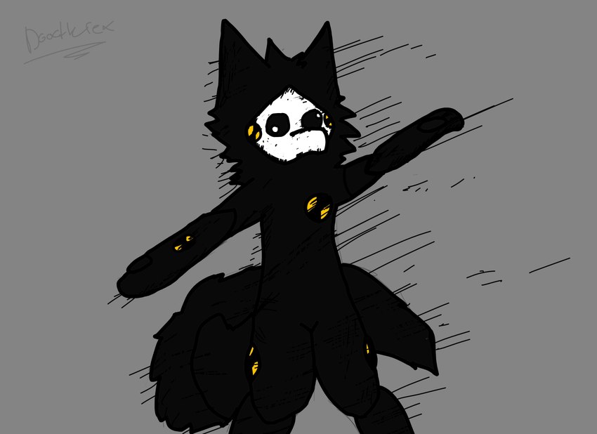 anthro black_body black_fur black_sclera crash_test_dummy derp_eyes dummy fur grey_background head_tuft male mask simple_background solo spread_arms tuft white_eyes doodlerex changed_(video_game) puro_(changed) canid canine canis goo_creature mammal wolf absurd_res hi_res