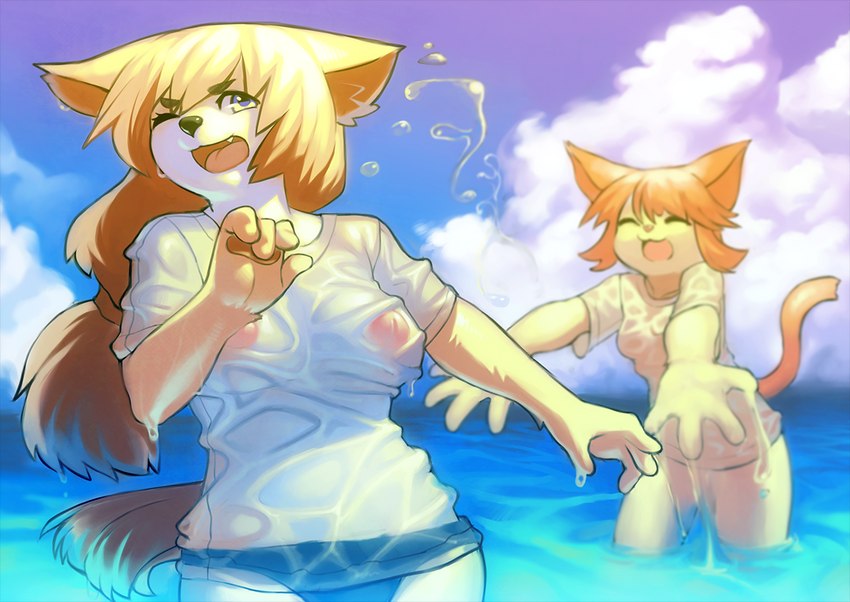 4_fingers :3 anthro areola blue_eyes breasts clothed clothing cloud detailed_background duo eyebrows eyelashes fangs female fingers four_digits hair inverted_nipples nipples no_bra outside playing puffy_nipples sea seascape shirt skimpy sky splash sunny tail teeth tongue topwear translucent translucent_clothing underwear water wet zoom_effect aruurara canid canine canis domestic_cat domestic_dog felid feline felis mammal