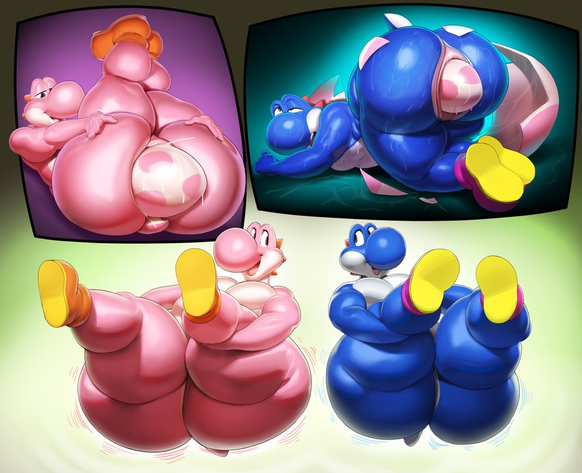 ambiguous_gender anus big_butt blue_body bouncing_butt butt duo egg egg_transformation huge_butt oviposition pink_body spreading thick_thighs transformation vore justmegabenewell mario_bros nintendo blue_yoshi pink_yoshi yoshi digital_media_(artwork) hi_res