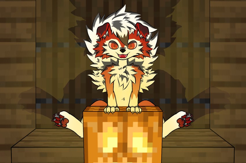 4_fingers 4_toes anthro black_nose claws door fangs feet female fingers floor fur jack-o'-lantern light looking_at_viewer open_mouth pawpads red_body red_eyes red_fur red_pawpads sitting solo spread_legs spreading teeth toe_claws toes tuft tufted_fur wall_(structure) white_feet wood wood_door wood_floor wood_wall kyshan_(artist) microsoft minecraft mojang nintendo pokemon xbox_game_studios generation_7_pokemon lycanroc midnight_lycanroc pokemon_(species) lighting