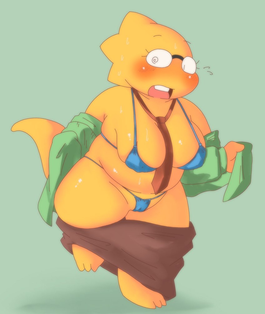 anthro bra camel_toe clothing embarrassed female necktie panties solo surprise underwear undressing alpi deltarune undertale_(series) alphys dinosaur prehistoric_species reptile scalie hi_res