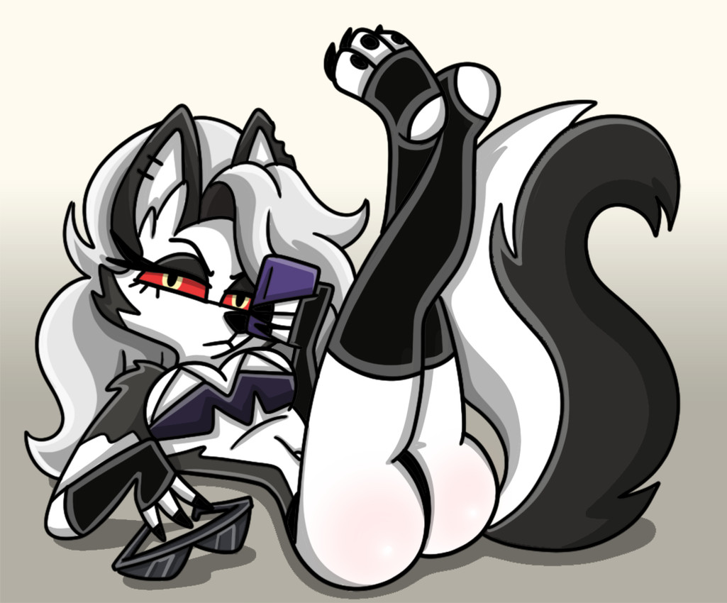 anthro breasts butt cellphone clothing ear_piercing electronics eyewear female fingerless_gloves fur gloves grey_body grey_fur grey_hair hair handwear leggings legwear navel notched_ear panties phone piercing raised_leg red_sclera solo sunglasses topwear underwear white_body white_fur yellow_eyes shinragod hellaverse helluva_boss mythology loona_(helluva_boss) canid canid_demon canine demon hellhound mammal mythological_canine mythological_creature 2026 digital_media_(artwork)