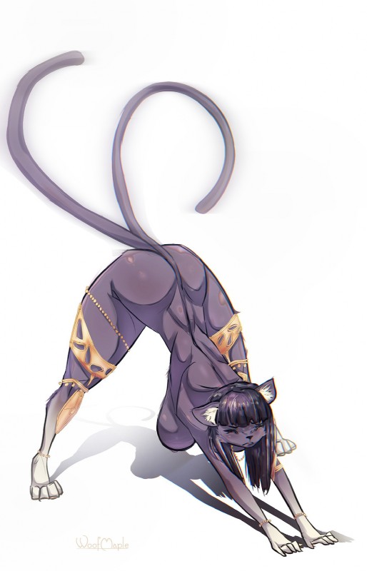 2_tails all_fours anthro armband bangs big_breasts breasts digitigrade eyes_closed female jewelry jewelry_only multi_tail nipples nude purple_body simple_background solo stretching tail white_background woofarin felid feline mammal 2019 hi_res signature