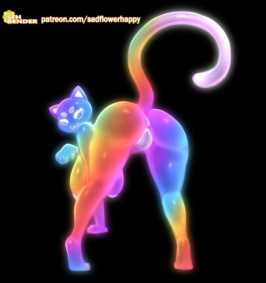 >:3 all_fours anthro anus big_butt butt female genitals looking_at_viewer looking_back multicolored_body presenting presenting_hindquarters pussy rainbow_body rear_view solo sparklefur text sadflowerhappy rainbow_(sadflowerhappy) domestic_cat felid feline felis mammal absurd_res colorful_theme hi_res url