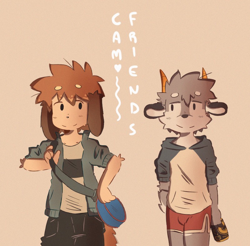 anthro clothing duo eye_contact horn looking_at_another male smile text beez alex_(beez) stan_(beez) bovid canid canine caprine goat mammal 2019 comic cover cover_art cover_page english_text hi_res