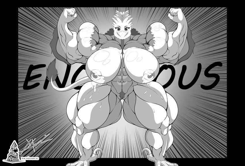 anthro big_muscles bodily_fluids breasts butt feathers feet female genitals huge_muscles hyper hyper_muscles lactating muscular muscular_female pussy solo talons toes aesthetic_art_(artist) mythology charlotte_(nidus6969) avian gryphon mythological_avian mythological_creature absurd_res hi_res monochrome