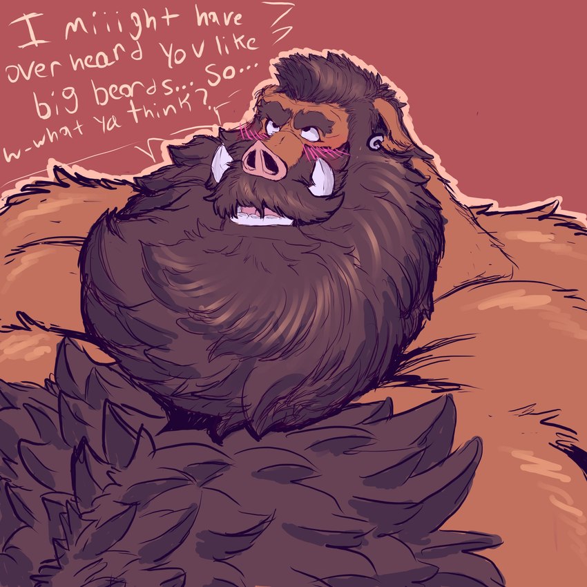 anthro beard big_beard big_muscles black_eyes blush blush_lines body_hair brown_background brown_beard brown_body brown_chest brown_eyebrows brown_facial_hair brown_hair brown_mustache chest_hair chest_tuft ear_piercing eyebrows facial_hair hair long_beard looking_up male muscular mustache nude open_mouth piercing pink_blush pink_nose question question_mark sharp_teeth simple_background solo teeth text thick_eyebrows tongue tuft white_text pokenerd8 fan_character jun_(bigboarjun) mammal suid suine sus_(pig) wild_boar 1:1 2024 bust_portrait digital_media_(artwork) english_text hi_res portrait