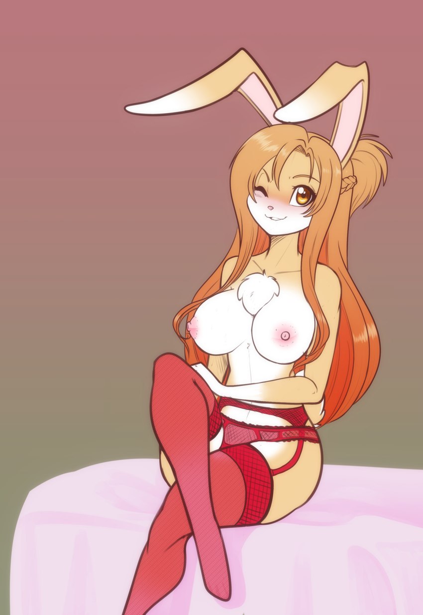 alternate_species amber_eyes anthro areola bite biting_lip blush breasts chest_tuft clothing dipstick_ears ear_markings eyebrows eyelashes female fur garter_belt garter_straps gloves_(marking) hair highlights_(coloring) legwear lingerie long_ears long_hair looking_at_viewer markings multicolored_ears nipples one_eye_closed orange_highlights panties red_clothing red_legwear red_panties red_stockings red_underwear sitting smile smiling_at_viewer solo stockings tan_body tan_fur tuft underwear white_body white_fur wink scorpdk sword_art_online asuna_yuuki lagomorph leporid mammal rabbit 2021 absurd_res hi_res