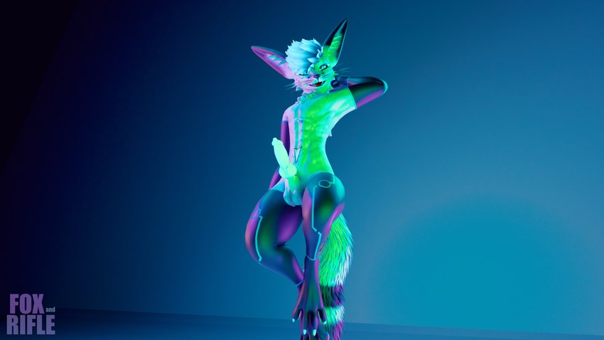 anthro blue_eyes blue_hair clothing cybernetics dancing femboy fur genitals hair knot latex legwear machine male male/male muscular muscular_male neon night pattern_clothing pattern_legwear penis presenting solo striped_clothing striped_legwear stripes warmers white_body white_fur foxand canid canine fox mammal rexouium 16:9 3d_(artwork) 4k absurd_res digital_media_(artwork) hi_res widescreen