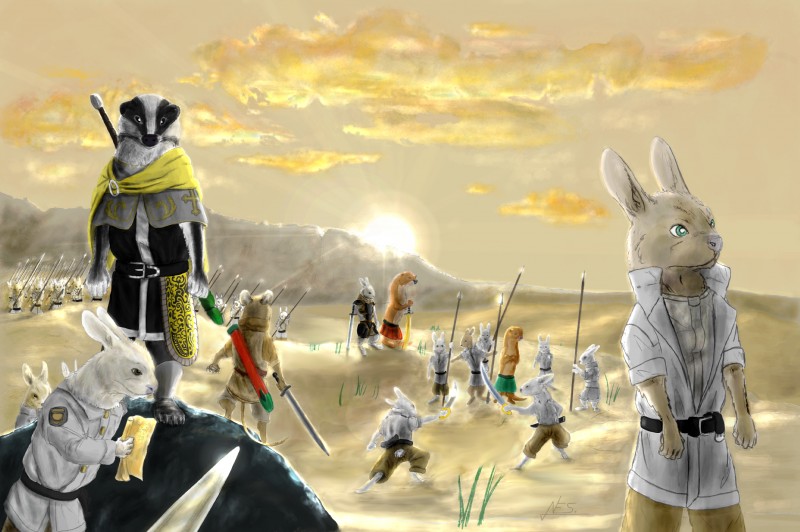 adventure anthro army black_body black_fur clothing cloud desert fantasy fur general_(rank) grey_body grey_fur group hill male melee_weapon military mountain multicolored_body multicolored_fur outside polearm sand shirt sky spear sun sunset sword topwear tunic two_tone_body two_tone_fur warlord weapon white_body white_fur holt5 redwall scout_(redwall) badger hare lagomorph leporid mammal mouse murid murine mustelid musteline otter rodent fiction absurd_res hi_res traditional_media_(artwork)