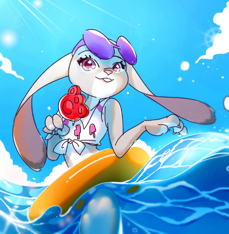 anthro bikini clothing female food fur long_ears looking_at_viewer pawpsicle popsicle purple_eyes solo swimwear two-piece_swimsuit weketa disney zootopia judy_hopps lagomorph leporid mammal rabbit 2016