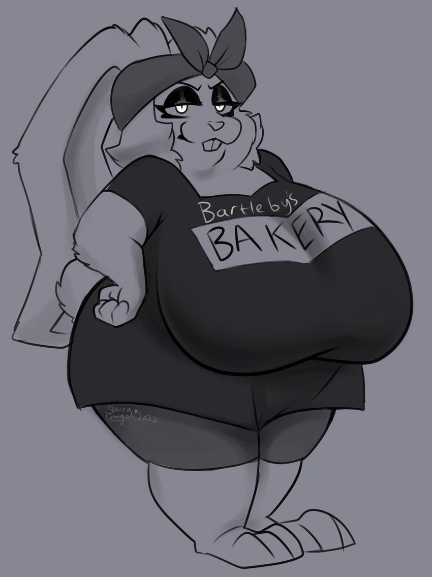 anthro barefoot big_breasts big_ears black_eyeshadow breasts buckteeth clothed clothing cotton_tail eyelashes eyeshadow feet female floppy_ears grey_background hand_on_hip huge_breasts looking_at_viewer lop_ears makeup overweight overweight_female simple_background solo teeth text text_on_clothing thick_thighs white_eyes wide_hips kaijufluffs the_man_from_the_window zed_technician_games mama_rabbit_(tmftw) lagomorph leporid mammal rabbit hi_res monochrome mother_(lore) parent_(lore)