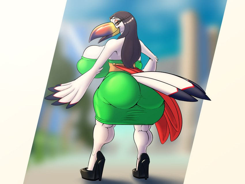 anthro back_boob beak beak_open big_breasts big_butt biped black_hair breasts butt clothed clothing eyelashes eyeshadow feathers female footwear hair high_heels huge_breasts huge_butt hyper long_hair looking_at_viewer looking_back makeup mascara platform_footwear platform_heels rear_view shoes smile solo tail tail_feathers thick_calves thick_thighs tight_clothing white_body white_feathers winged_arms wings kyrie_eleison avian bird toucan 4:3 digital_media_(artwork) hi_res