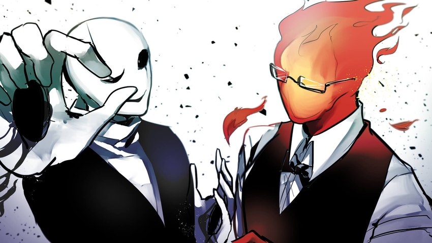 ashes bone clothing dress_shirt duo embers eyeless eyewear faceless_character faceless_humanoid faceless_male fire floating_hands glasses male mouthless noseless reaching_towards_viewer shirt simple_background skeleton smile topwear unknown_liquid vest wearing_glasses white_background midorisuiko undertale undertale_(series) gaster grillby animated_skeleton elemental_creature elemental_humanoid fire_creature fire_humanoid humanoid undead 16:9 2017 bust_portrait digital_drawing_(artwork) digital_media_(artwork) hi_res portrait widescreen