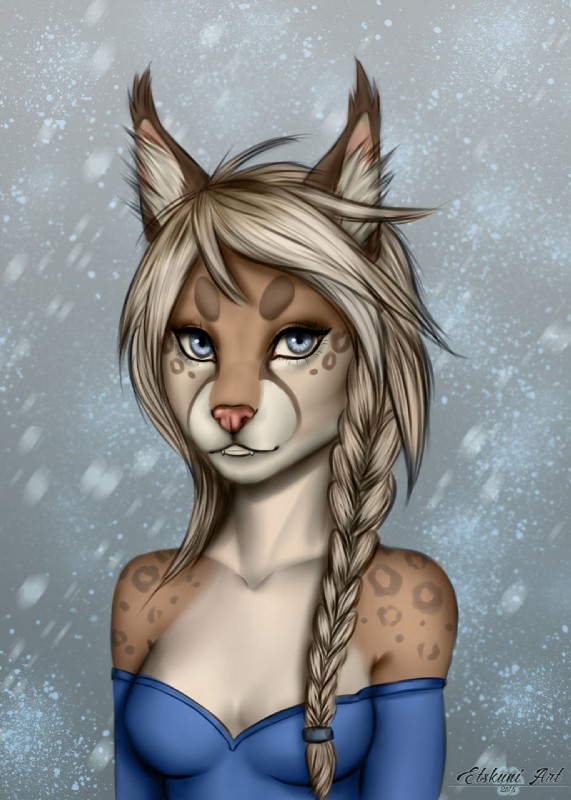 anthro bare_shoulders blonde_hair blue_eyes braided_hair breasts clothed clothing eyelashes female hair looking_at_viewer pink_nose solo teeth etskuni disney frozen_(disney) ariyah_(meg) elsa_(frozen) eurasian_lynx felid feline lynx mammal 2015 digital_media_(artwork) hi_res