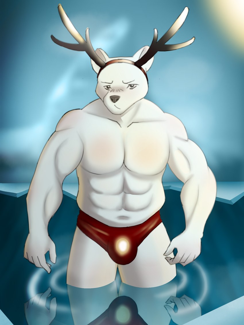 anthro belly blush bulge clothed clothing fur humanoid_hands ice looking_at_viewer male moobs muscular muscular_anthro muscular_male partially_clothed red_clothing red_swimwear reflection reindeer_antlers simple_background solo speedo swimwear water white_body white_fur monarch_com bear mammal polar_bear ursine 3:4 digital_media_(artwork) hi_res