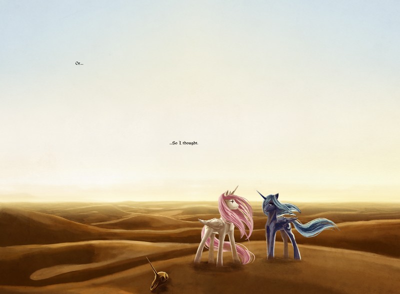 blue_hair blue_sky bone cutie_mark desert feathered_wings feathers female feral flowing_mane hair horn outside pink_hair quadruped skull sky tail text wings cosmicunicorn friendship_is_magic hasbro my_little_pony mythology princess_celestia_(mlp) princess_luna_(mlp) equid equine mammal mythological_creature mythological_equine winged_unicorn 2012 brown_theme comic english_text sibling_(lore) sister_(lore) sisters_(lore)