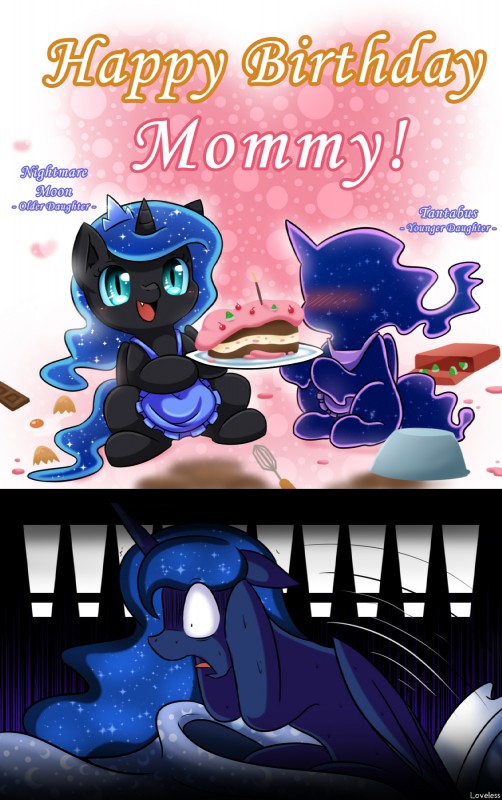 black_body black_feathers blue_body blue_feathers cake dessert dream feathered_wings feathers female feral food group horn text wings young vavacung friendship_is_magic hasbro my_little_pony mythology nightmare_moon_(mlp) princess_luna_(mlp) tantabus equid equine mammal mythological_creature mythological_equine winged_unicorn 2015 digital_media_(artwork) english_text hi_res