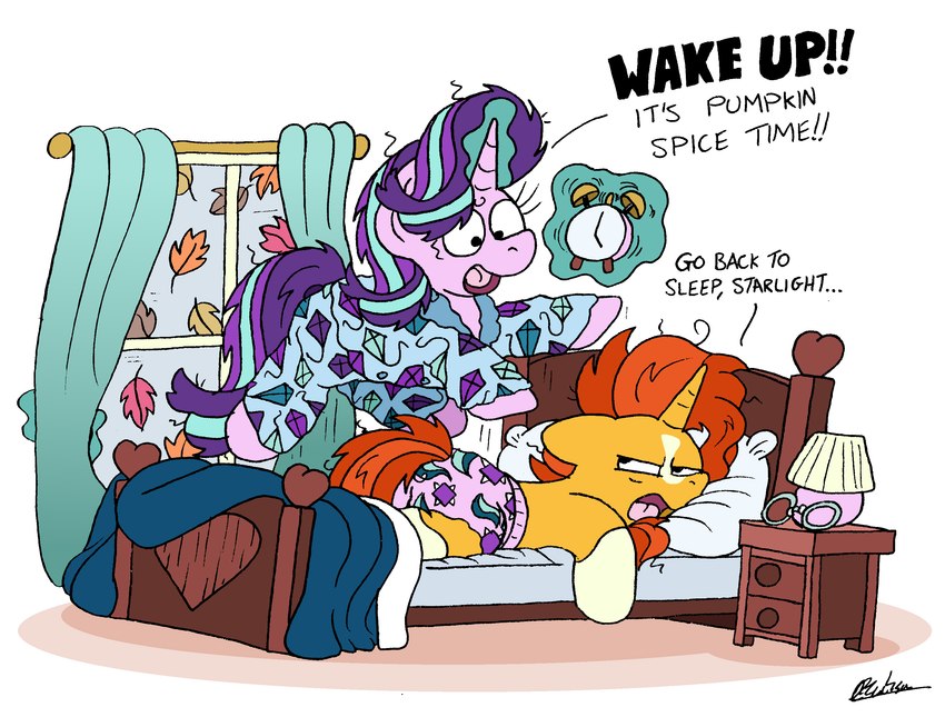 alarm_clock anthro autumn awake bed bedside_table clock clothing curtains duo eyewear female furniture furniture_lamp glasses horn male nightstand on_bed pajamas pink_clothing pink_underwear underwear window bobthedalek friendship_is_magic hasbro my_little_pony mythology starlight_glimmer_(mlp) sunburst_(mlp) equid equine mammal mythological_creature mythological_equine unicorn hi_res