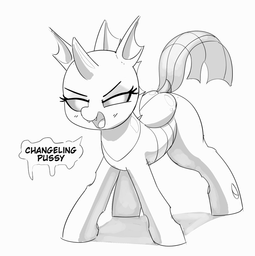 anthro dialogue eyebrows eyelashes fangs female half-closed_eyes hooves horn narrowed_eyes open_mouth quadruped solo tail teeth text tongue unicorn_horn pabbley friendship_is_magic hasbro my_little_pony arthropod changeling 2024 english_text hi_res monochrome