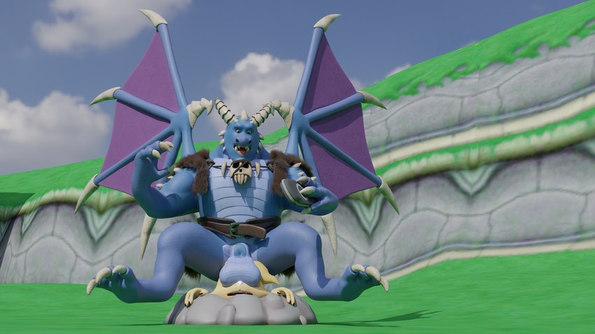 anthro balls balls_on_face belt belt_buckle blue_body blue_eyes blue_scales bone buckle claws duo female fur genitals horn male membrane_(anatomy) membranous_wings neckwear scales skull spikes tan_body tan_fur teeth wings doublestuffed activision mythology spyro_the_dragon bianca_(spyro) bubba_(spyro) rescued_dragons_(spyro) dragon lagomorph leporid mammal mythological_creature mythological_scalie rabbit scalie 3d_(artwork) blender_(artwork) digital_media_(artwork) hi_res