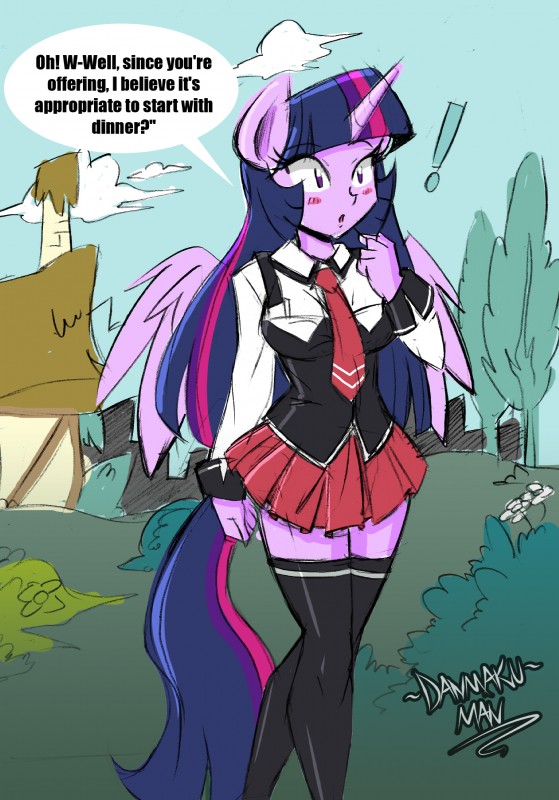 anthro anthrofied black_clothing black_legwear black_thigh_highs blush bottomwear clothing exclamation_point feathered_wings feathers female hair horn legwear necktie purple_body purple_feathers purple_hair school_uniform skirt solo stockings surprise text thigh_highs uniform wings danmakuman friendship_is_magic hasbro my_little_pony mythology twilight_sparkle_(mlp) equid equine mammal mythological_creature mythological_equine winged_unicorn 2016 absurd_res english_text hi_res