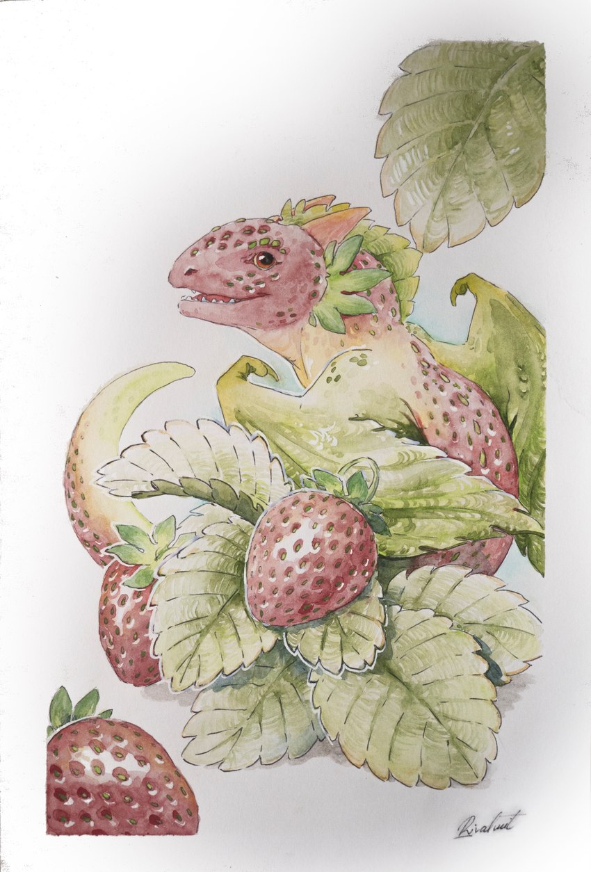 ambiguous_gender feral food fruit open_mouth plant solo strawberry tail teeth wings rivalmit mythology dragon mythological_creature mythological_scalie scalie absurd_res hi_res