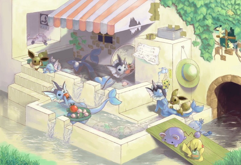 ambiguous_gender clothing external_gills feral food fur gills grass group hat headgear headwear outside plant rock text water yellow_body yellow_fur wadorigi nintendo pokemon amphibian arachnid arthropod canid canine eevee eeveelution generation_1_pokemon generation_2_pokemon generation_4_pokemon generation_5_pokemon glaceon joltik mammal marill marine pichu pikachu pokemon_(species) rodent sewaddle vaporeon wooper english_text translated