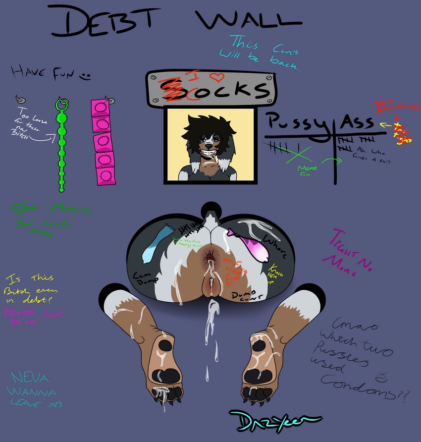 anal_beads anthro anus bodily_fluids body_writing butt chart clothing condom condom_strip cum cum_in_ass cum_inside cum_on_feet debt degradation excessive_cum excessive_genital_fluids feet female filled_condom footwear gaping gaping_anus gaping_pussy genital_fluids genitals glory_hole hole_in_wall loose loose_anus loose_orifice photo portrait_(object) public_use pussy sex_toy sexual_barrier_device socks soles solo tally_marks text through_wall western_tally_marks dazyeen socks_(dazyeen) absurd_res english_text hi_res