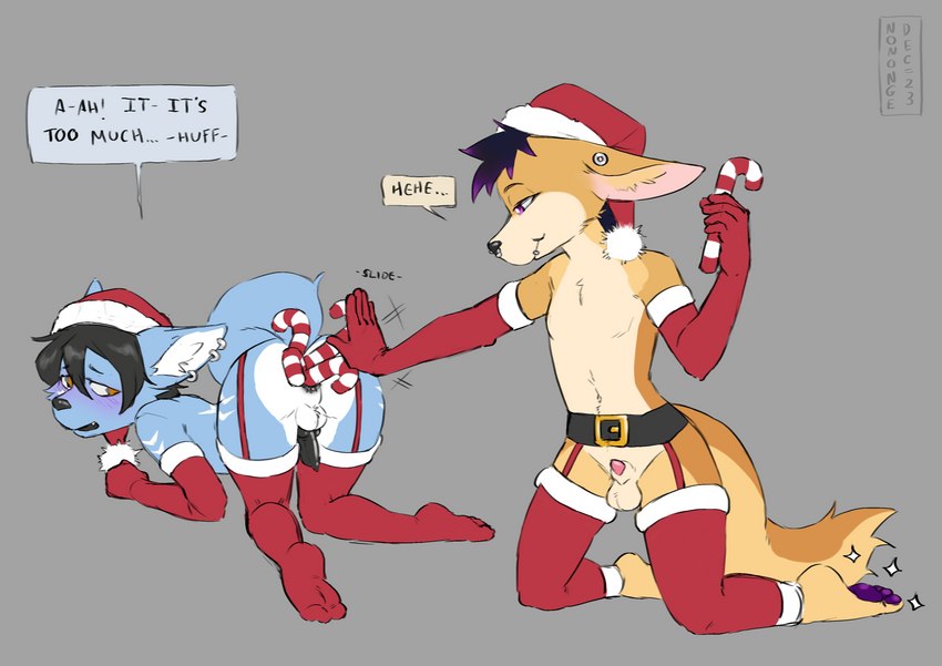 all_fours animal_genitalia animal_penis anthro anthro_on_anthro anus arm_markings armwear back_markings balls barefoot belt black_anus black_belt black_hair black_penis blue_body blue_fur blush candy candy_cane candy_cane_in_ass canine_genitalia canine_penis christmas_clothing christmas_headwear clothed clothing crossdressing dessert duo ear_piercing ear_ring erection facial_piercing feet food food_fetish food_insertion food_play fur gauged_ear genitals grey_background hair hat headgear headwear holding_candy holding_food holding_object holidays improvised_sex_toy kneeling leg_markings legwear lip_piercing lip_ring male male/male markings multiple_piercings narrowed_eyes nose_piercing open_mouth orange_body orange_eyes orange_fur pawpads penis penis_tip perineum piercing pink_penis purple_eyes purple_hair purple_pawpads red_armwear red_clothing red_legwear ring_piercing santa_hat septum_piercing sheath simple_background sparkles speech_bubble tan_body tan_fur tan_sheath text white_balls white_body white_fur white_markings white_perineum young young_anthro young_male nononge christmas anonymous_character sepfy canid canine canis fennec_fox fox mammal true_fox wolf 2023 absurd_res dated english_text hi_res signature