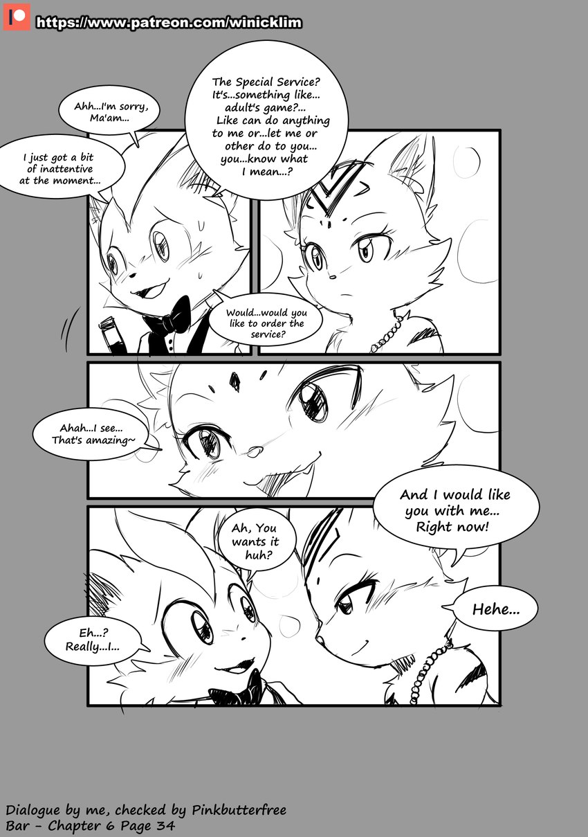 anthro blush clothed clothing dialogue duo female jewelry male neck_bow necklace text topwear vest wine_bottle young winick-lim nintendo pokemon stripe_(pinkbutterfree) zerry_(winick-lim) domestic_cat felid feline felis generation_7_pokemon legendary_pokemon mammal pokemon_(species) zeraora absurd_res comic english_text hi_res monochrome sketch