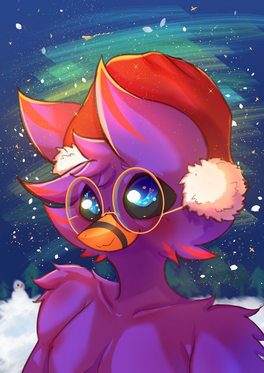 anthro beak christmas_clothing christmas_headwear clothing eyewear glasses glowing hat headgear headwear holidays male night purple_body round_glasses santa_hat snow solo three-quarter_view winter smolspearrow christmas smol_(smolspearrow) avian bird absurd_res bust_portrait digital_media_(artwork) hi_res portrait