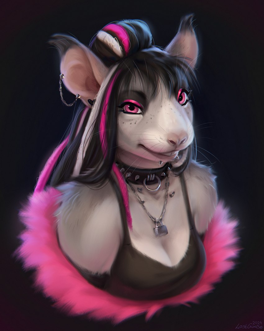 anthro collar collarbone_piercing ear_chain ear_piercing facial_piercing female lip_piercing piercing pink_eyes simple_background snakebite_piercing solo spiked_collar spikes lostgoose chinchilla chinchillid mammal rodent 2024 4:5 hi_res portrait