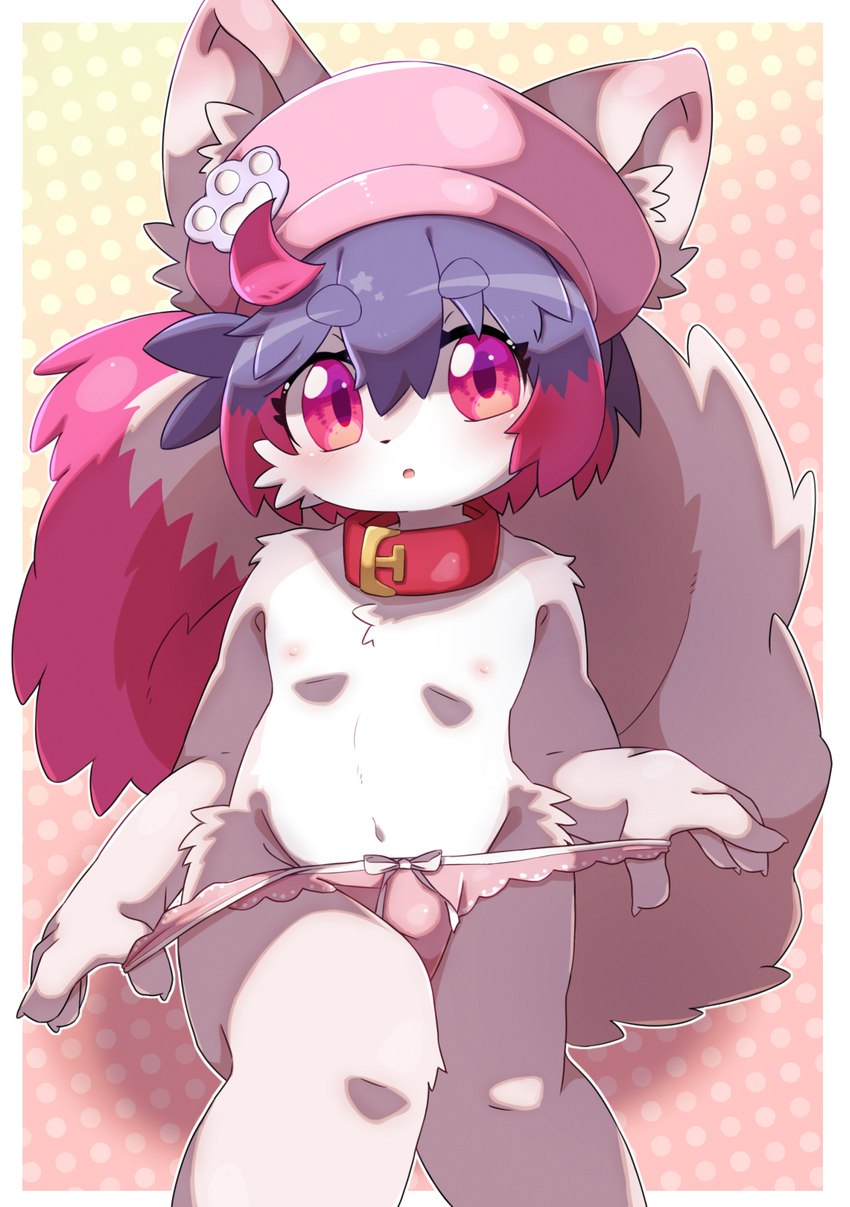 4_fingers :o anthro arm_tuft biped blue_hair blush border bow_panties bow_underwear bulge cheek_tuft chest_tuft claws clothed clothing clothing_pull collar crossdressing dipstick_tail ear_tuft eyelashes facial_tuft femboy finger_claws fingers floofy_tail footprint fur hair hat headgear headwear highlights_(coloring) hip_tuft inner_ear_fluff kemono looking_at_viewer male markings multicolored_body multicolored_fur navel nipples open_mouth outline panties panty_pull pattern_background pawprint pink_body pink_clothing pink_eyes pink_fur pink_hat pink_headwear pink_highlights pink_markings pink_pupils pupils red_collar shota shoulder_tuft simple_background solo standing tail tail_markings topless tuft two_tone_body two_tone_fur underwear underwear_pull white_body white_border white_fur white_outline young fermata_suzuka canid canine mammal hi_res