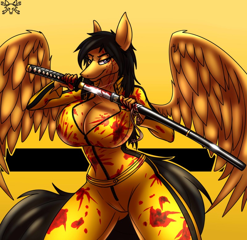 anthro big_breasts black_hair blood bodily_fluids breasts cleavage clothed clothing female hair katana melee_weapon solo sparkles sword weapon wings tacticalfur hasbro kill_bill my_little_pony mythology fan_character equid equine mammal mythological_creature mythological_equine pegasus 2017 absurd_res hi_res