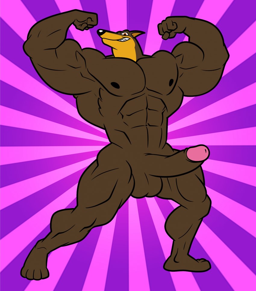 anthro balls big_muscles brown_body brown_nipples erection feet flexing flexing_bicep flexing_both_biceps foreskin fur genitals glans grin huge_muscles humanoid_genitalia humanoid_penis looking_at_viewer male muscular muscular_anthro muscular_male nipples nude pecs penis pink_glans pose purple_background simple_background smile solo standing toes gepredators road_rovers blitz_(road_rovers) canid canine canis dobermann domestic_dog mammal pinscher