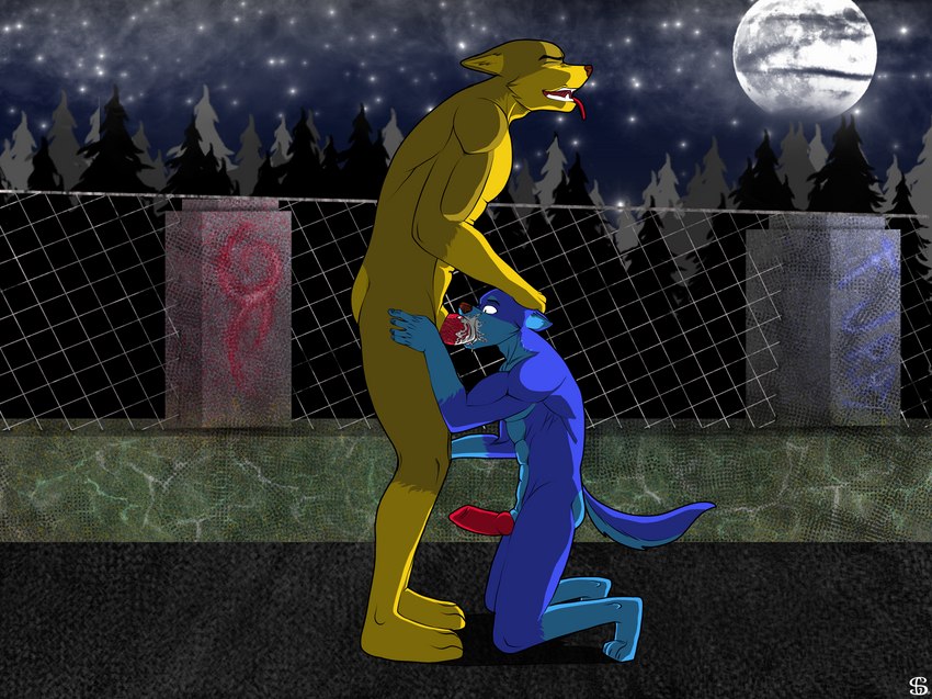 anthro duo forest forest_background male male/male nature nature_background night oral plant tree sergld mythology canid canine canis mammal mythological_canine mythological_creature werecanid werecanine werecreature werewolf wolf hi_res