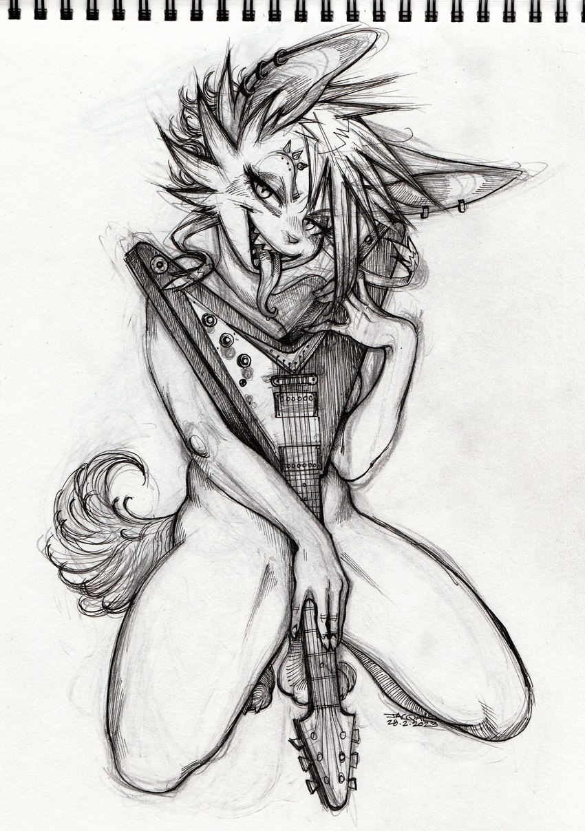 alternative_fashion anthro bedroom_eyes breasts covering covering_breasts covering_crotch covering_self crouching ear_piercing ear_ring electric_guitar eyebrow_piercing facial_piercing female guitar hair long_tongue musical_instrument narrowed_eyes open_mouth piercing plucked_string_instrument pose punk ring_piercing seductive sharp_teeth solo spiky_hair string_instrument teeth thrashyfairy tongue tongue_out jacqal flying_v gibson nintendo pokemon michelle_(thrashyfairy) eeveelution generation_6_pokemon pokemon_(species) sylveon 2023 absurd_res graphite_(artwork) hatching_(art) hi_res line_art pinup shaded traditional_media_(artwork) nonbinary_(lore) trans_(lore)