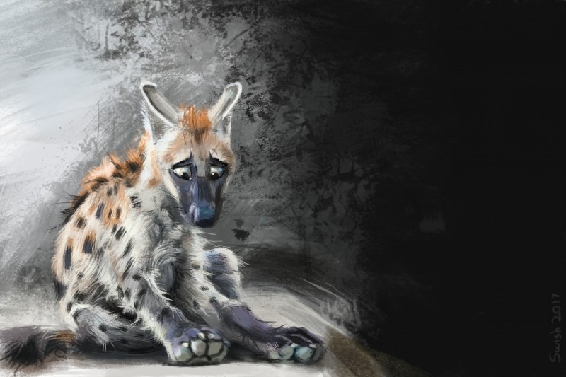 anthro biped black_nose feet fur look_down markings sitting solo spots spotted_body spotted_fur toes swish hyena mammal spotted_hyena 2017