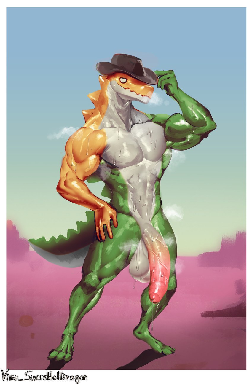 anthro balls bodily_fluids candy clothing cowboy_hat dessert flexing food foreskin genitals gummy_(food) hand_on_hip hat headgear headwear long_penis male muscular muscular_anthro muscular_male musk musk_clouds penis simple_background smile smiling_at_viewer smirk smirking_at_viewer solo spikes spikes_(anatomy) sweat sweaty_arms sweaty_balls sweaty_body sweaty_chest sweaty_genitalia sweaty_penis tail vitor_swissidoldragon glitch_productions the_amazing_digital_circus gummigoo_(tadc) alligator alligatorid crocodilian food_creature gummy_creature living_candy reptile scalie absurd_res hi_res