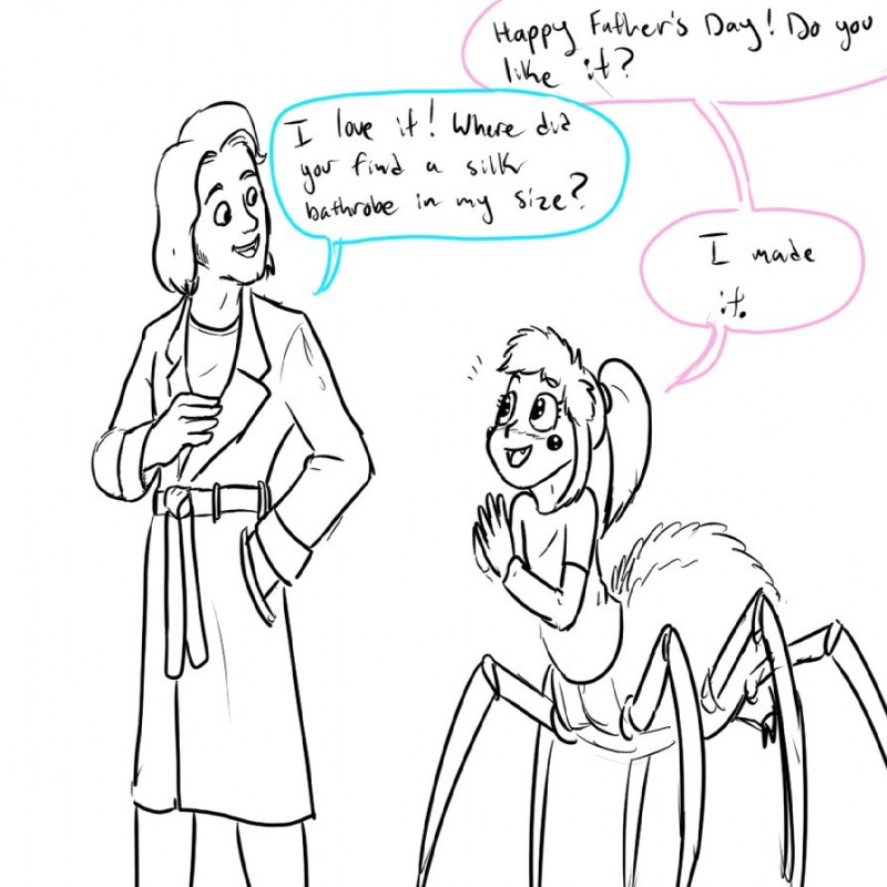 bathrobe blush clothing duo fangs female hair holidays male ponytail robe teeth text unknown_artist dungeons_and_dragons father's_day hasbro wizards_of_the_coast arachnid arachnid_taur arthropod arthropod_taur drider human mammal spider spider_taur taur 1:1 english_text monochrome father_(lore) parent_(lore)