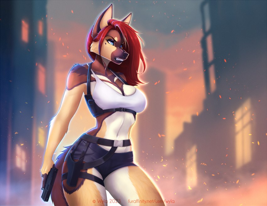 anthro arm_tuft big_breasts blue_eyes bottomwear breasts brown_body brown_fur city clenched_teeth clothing crop_top eyebrows eyelashes female fur gun hair holster midriff navel ranged_weapon red_hair shirt shorts shoulder_tuft solo tan_body tan_fur teeth topwear tuft weapon white_body white_fur wyla canid canine canis domestic_dog german_shepherd herding_dog mammal pastoral_dog 2023