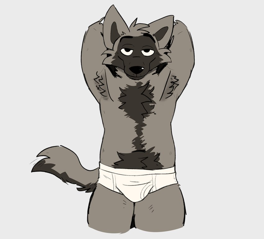 anthro briefs briefs_only bulge clothed clothing excessive_body_hair fur grey_body grey_fur half-closed_eyes male narrowed_eyes simple_background smile solo tighty_whities topless underwear underwear_only white_background white_briefs white_clothing white_underwear stinkydisaster canid canine canis mammal wolf absurd_res hi_res