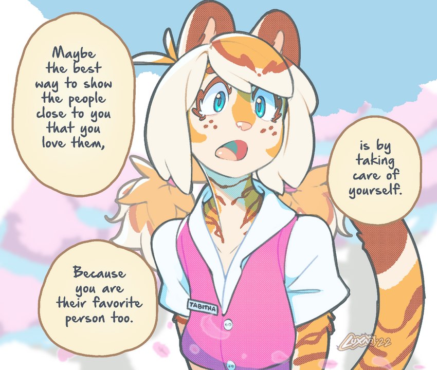 advice anthro clothed clothing cloud dialogue female freckles fur low-angle_view name_tag open_mouth pink_nose shirt sky solo striped_body striped_fur stripes text topwear twintails_(hairstyle) luxar92 pancake_(luxar92) felid mammal pantherine tiger 2022 english_text hi_res