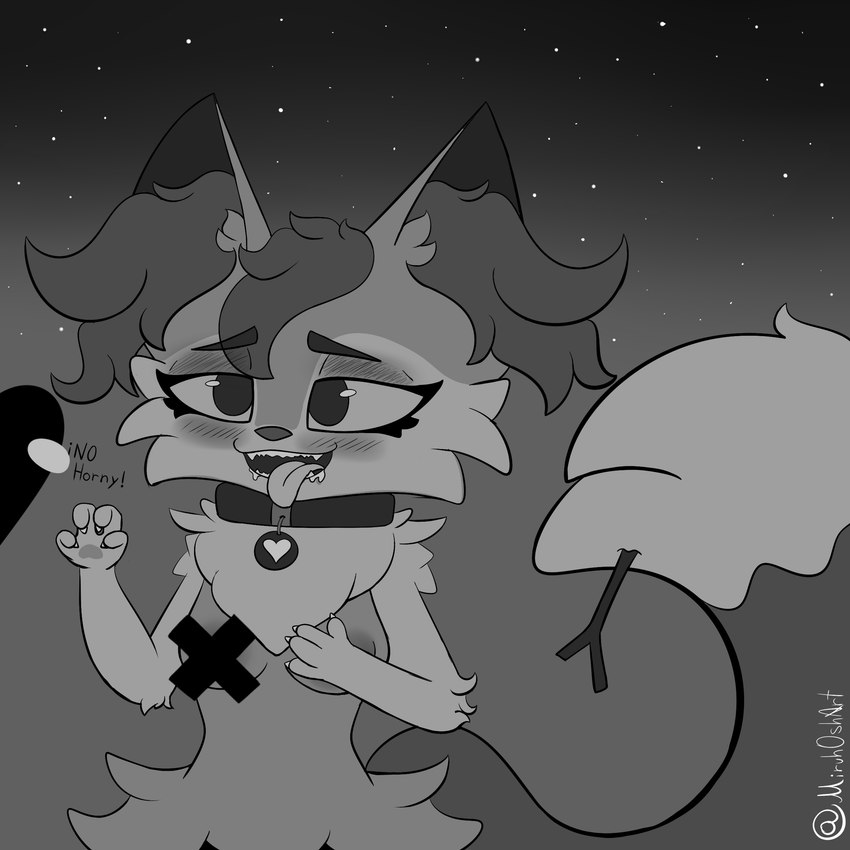 anthro areola blush breasts female fur nude simple_background small_breasts smile solo tongue among_us innersloth nintendo pokemon black_(among_us) braixen canid canine generation_6_pokemon mammal pokemon_(species) 1:1 absurd_res censored greyscale hi_res monochrome sketch watermark