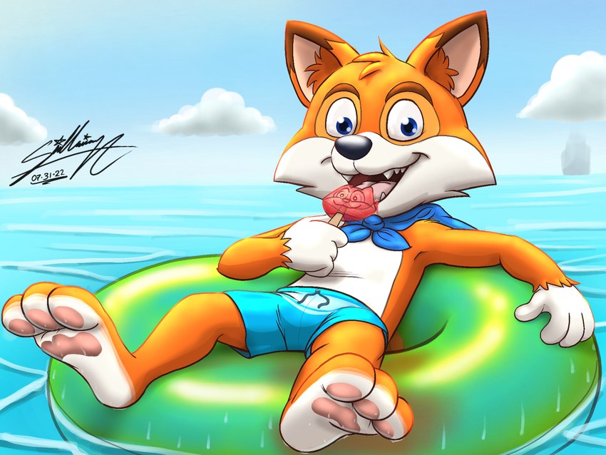 anthro biped blue_clothing blue_swimming_trunks blue_swimwear candy cape clothed clothing cloud dessert floatie food holding_candy holding_food holding_lollipop holding_object inflatable lollipop male open_mouth plantigrade sky solo summer swimming_trunks swimwear tongue tongue_out underpaw sagadreams lucky's_tale_(series) playful_corp. lucky_swiftail canid canine fox mammal 2022 4:3 digital_media_(artwork) hi_res signature